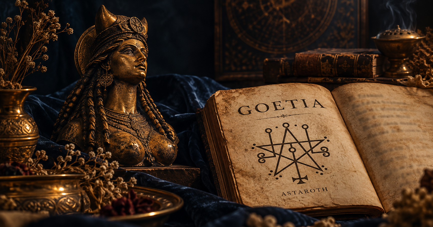 Estatua de bronce de una diosa antigua junto a un grimorio abierto por la página de Astaroth